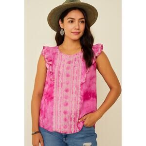 THML Pink Tie Dye Embroidered Ruffle Sleeve Blouse XS